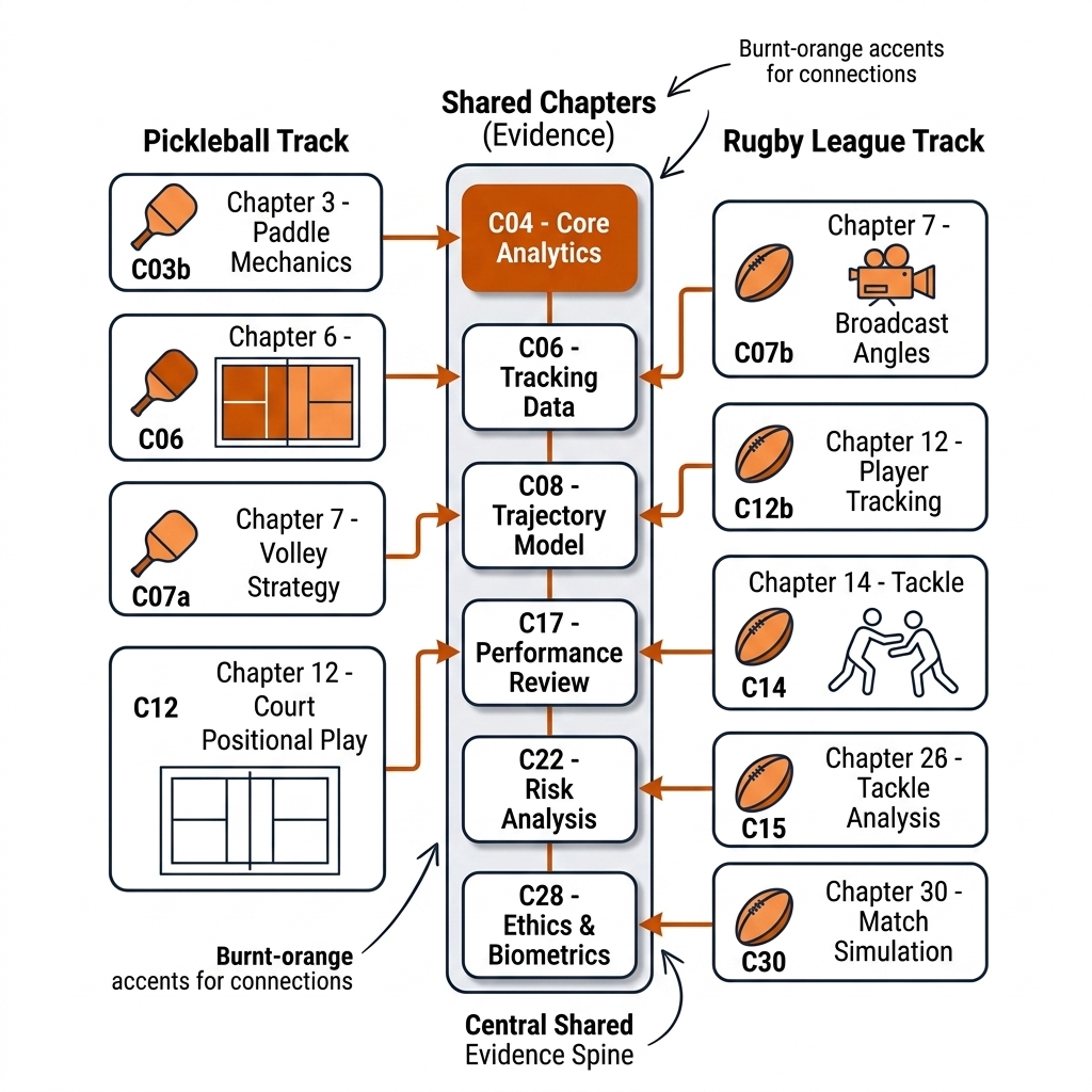 Dual-sport navigation map: two parallel tracks for pickleball and rugby league branching from a shared evidence spine with chapter nodes and sport icons.