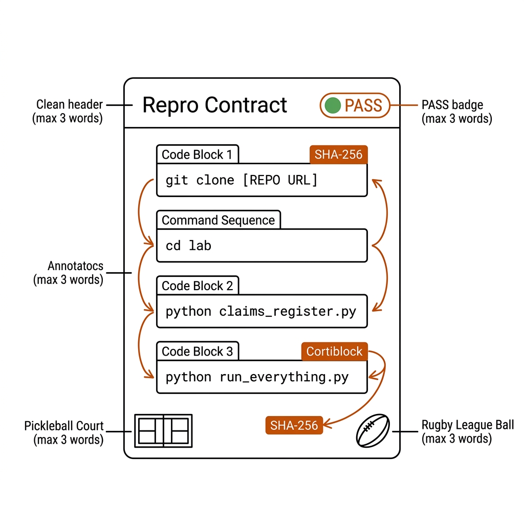 Reproduction contract card: a document shape with exact commands, a PASS badge, SHA-256 tag, and pickleball and rugby league icons.