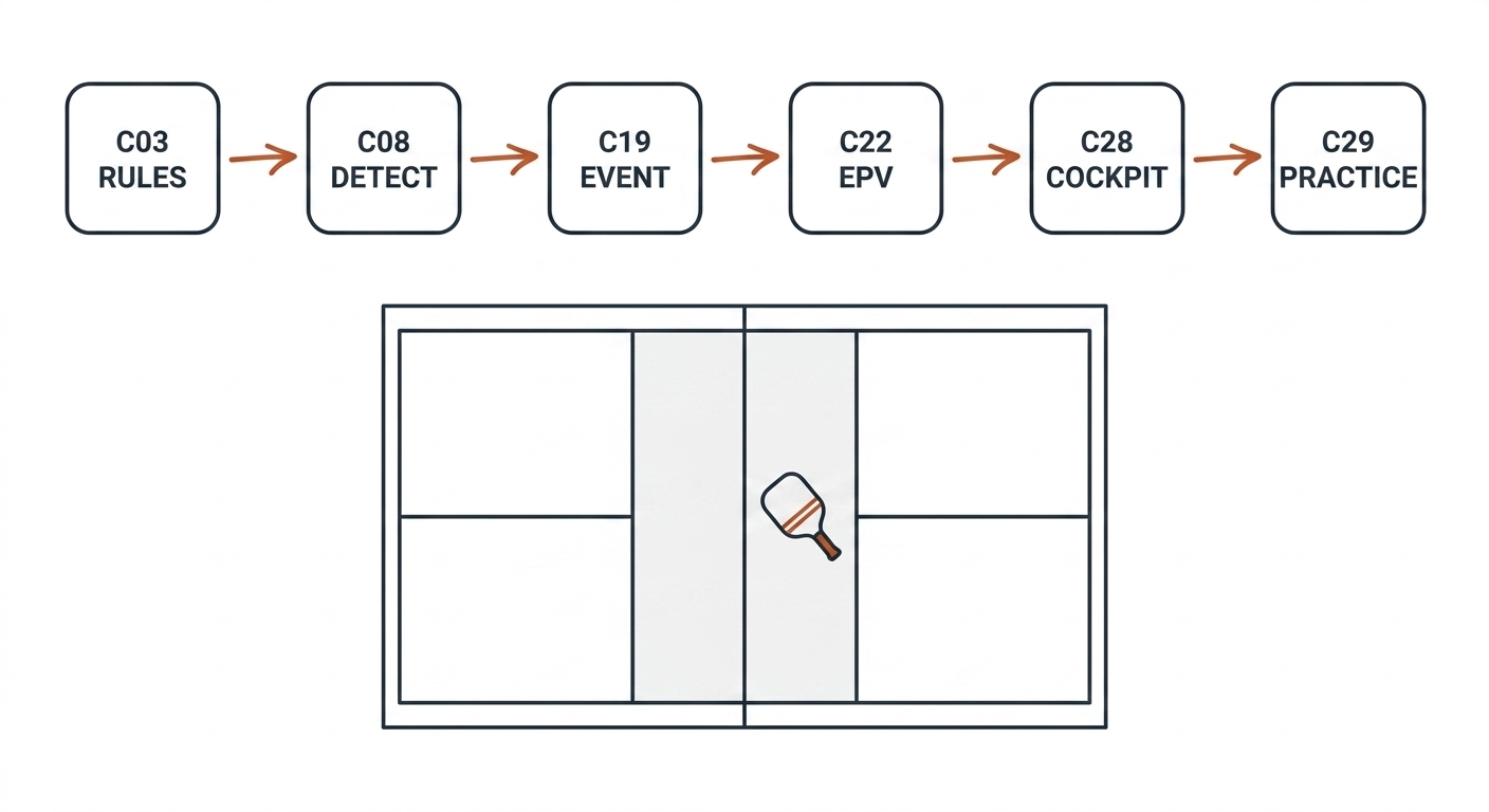 Pickleball practitioner path: six chapter nodes C03 RULES, C08 DETECT, C19 EVENT, C22 EPV, C28 COCKPIT, C29 PRACTICE connected by orange arrows over a pickleball court outline.