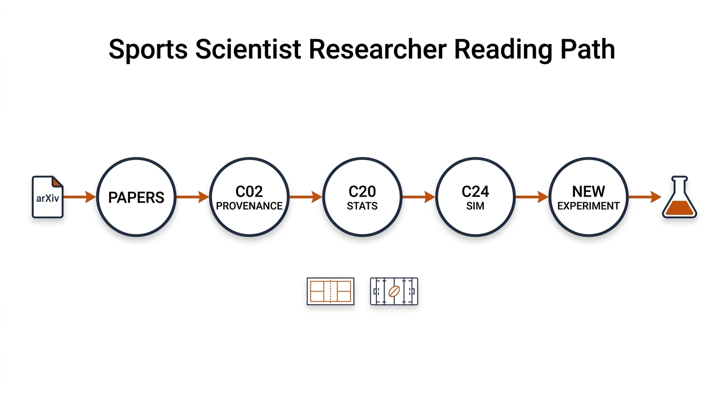 Researcher path: PAPERS to C02 PROVENANCE to C20 STATS to C24 SIM to NEW EXPERIMENT, with an arXiv document icon at the start and a flask at the end.