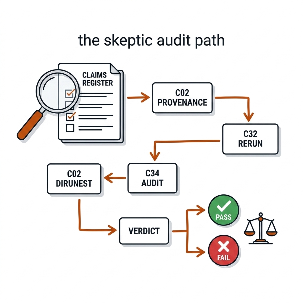 Skeptic path: a magnifying glass over a CLAIMS REGISTER checklist, nodes C02 PROVENANCE, C32 RERUN, C34 AUDIT, VERDICT with a PASS or FAIL badge.