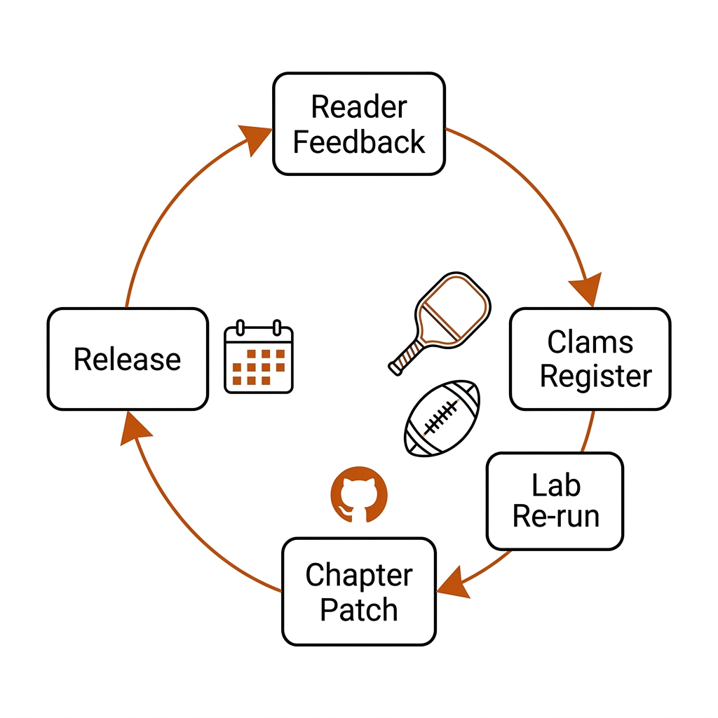 Update loop: a circular flow connecting Reader Feedback, Claims Register, Lab Re-run, Chapter Patch, and Release with sport and GitHub icons.