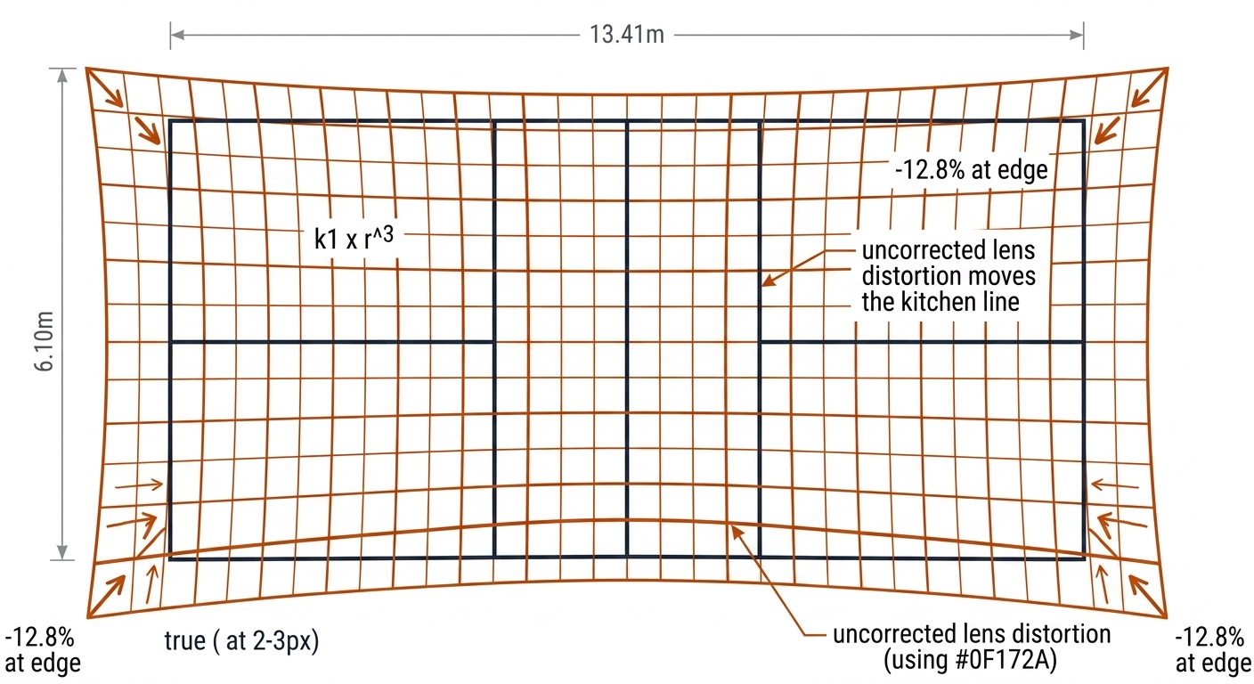 Barrel distortion plan view of the pickleball court with true grid vs bowed grid, displacement arrows, k1xr3 callout, -12.8% at edge. Recreate: white background, black true grid, burnt-orange distorted grid.