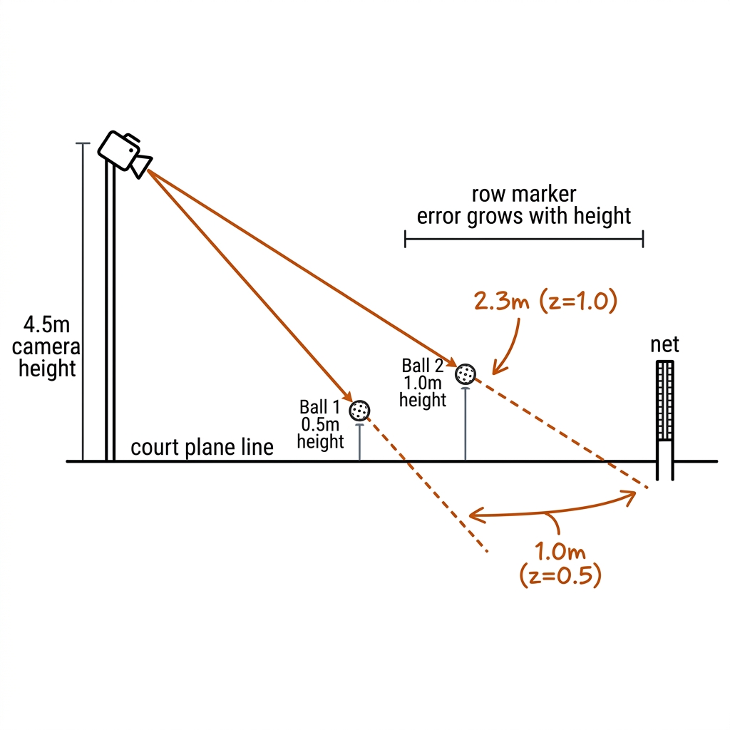 The Z-limit: ball at 0.5m and 1.0m height projecting 1.0m and 2.3m away from true position from a 4.5m end-camera. Recreate: white background, black court line, burnt-orange rays.