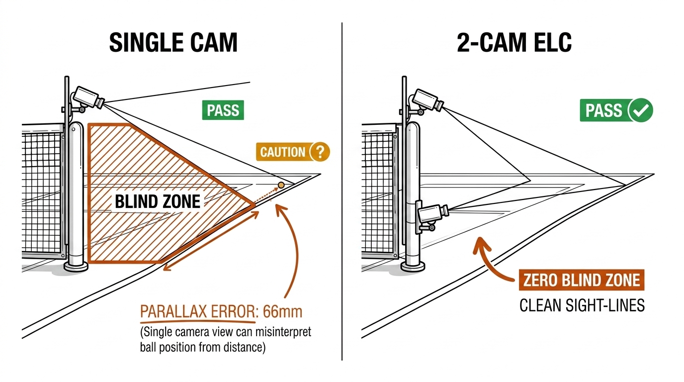 Two-panel placement comparison: single end-camera with blind zone and 66mm parallax error vs 2-cam ELC with clean sight-lines. Recreate: white background, black linework, burnt-orange callouts.