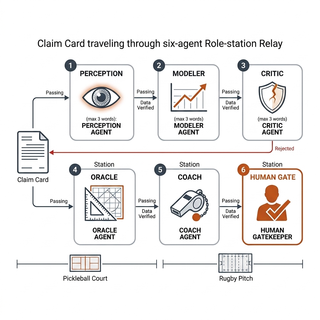 Agent harness carrying one claim: perception, modeler, critic, oracle, and coaching agents around the five-verb pipeline, with a human gatekeeper at the end and a claim card moving through.