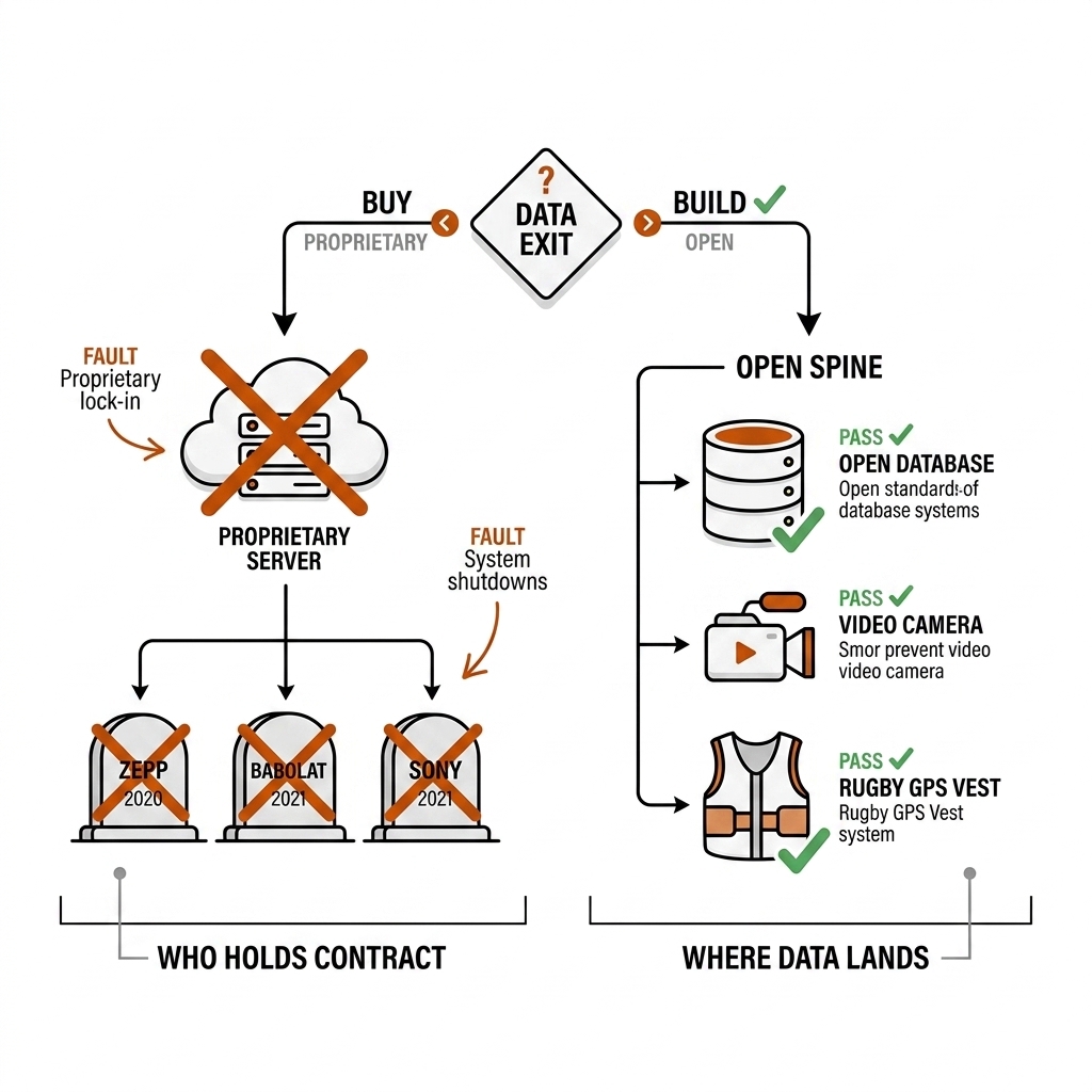 Buy-versus-build decision tree: server-dependent sensors (Zepp 2020, Babolat 2021, Sony 2021) bricked, while open-export wearables and camera vision survive.