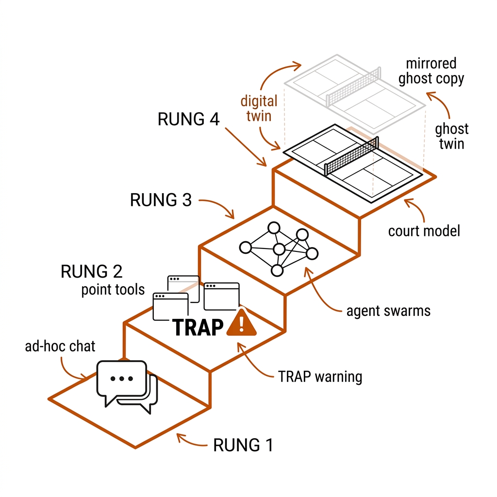The 4-Rung Sports Agentic Ladder: ad-hoc chat, point-tool trap, agent swarms, digital twin.