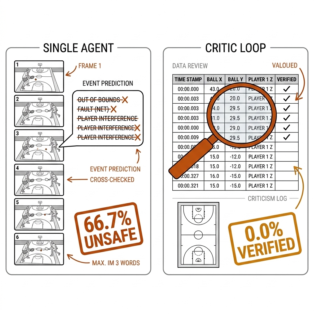 Hallucination exhibit: left panel, a VLM speech bubble over pickleball frames with invented events crossed out and a 66.7 percent stamp; right panel, a critic agent checking claims against a coordinate table, 0.0 percent.