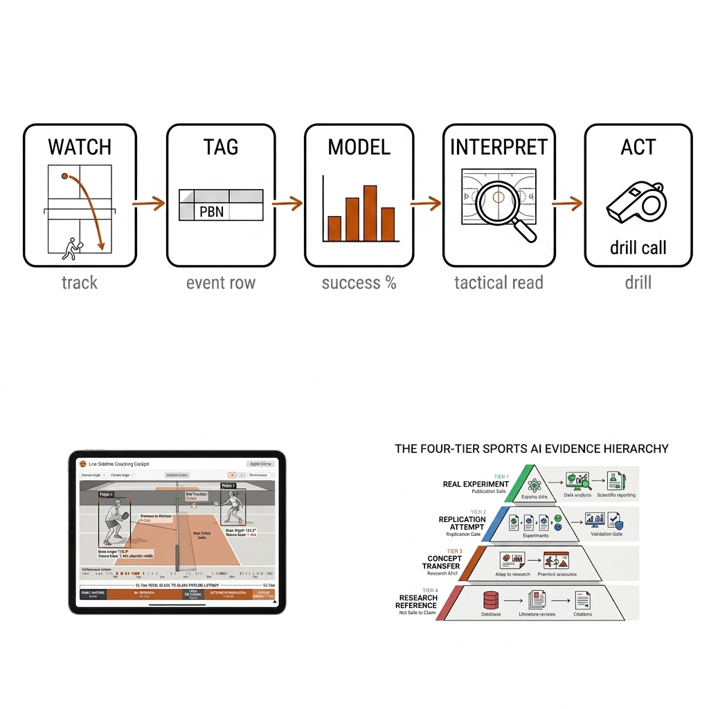 Five-stage pipeline applied to a pickleball third-shot drop: watch, tag, model, interpret, act.