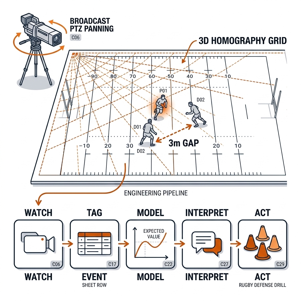 Expanded rugby league line-break pipeline: PTZ camera panning, homography re-estimation, NRLSheet event row, expected-point-value model, edge-defense drill, with chapter numbers on each stage.