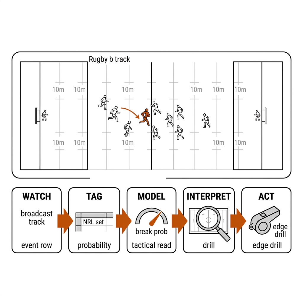 Five-stage pipeline applied to a rugby league line break: watch, tag, model, interpret, act.