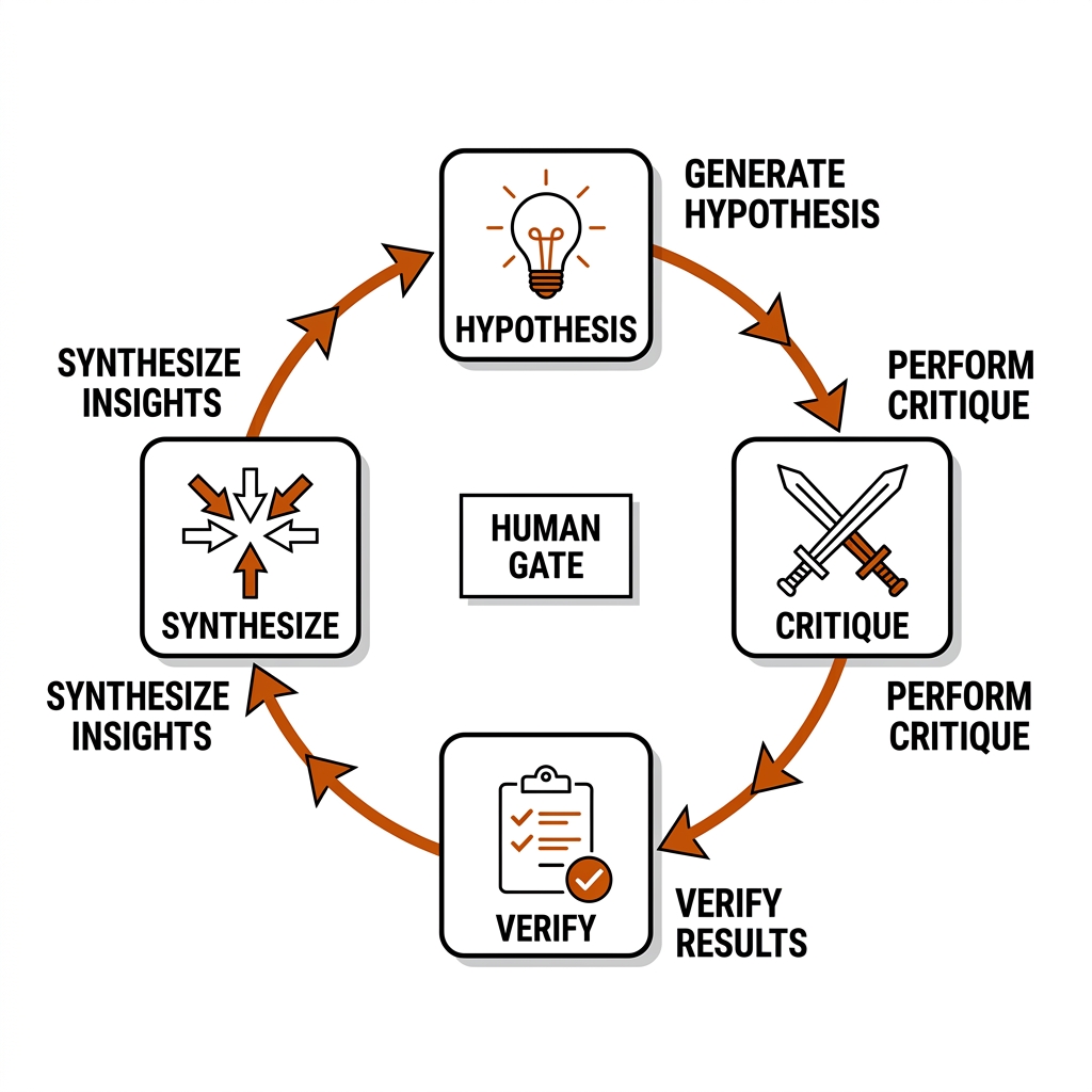 The Teamwork research loop: hypothesis, adversarial critique, oracle verification, synthesis, with a human gate at the center.
