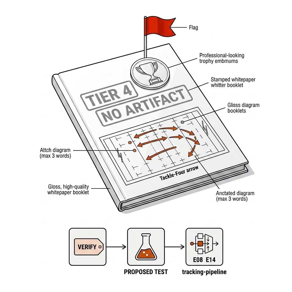 A glossy whitepaper booklet with a trophy emblem and a rugby pitch diagram showing a tackle-four attack arrow, stamped in grey TIER 4 and NO ARTIFACT. A red flag rises from the booklet. Below, the honest path in three small boxes joined by arrows: a VERIFY tag, a flask labeled proposed test, and a tracking-pipeline icon labeled e08 e14. White background, black linework, burnt-orange accents.