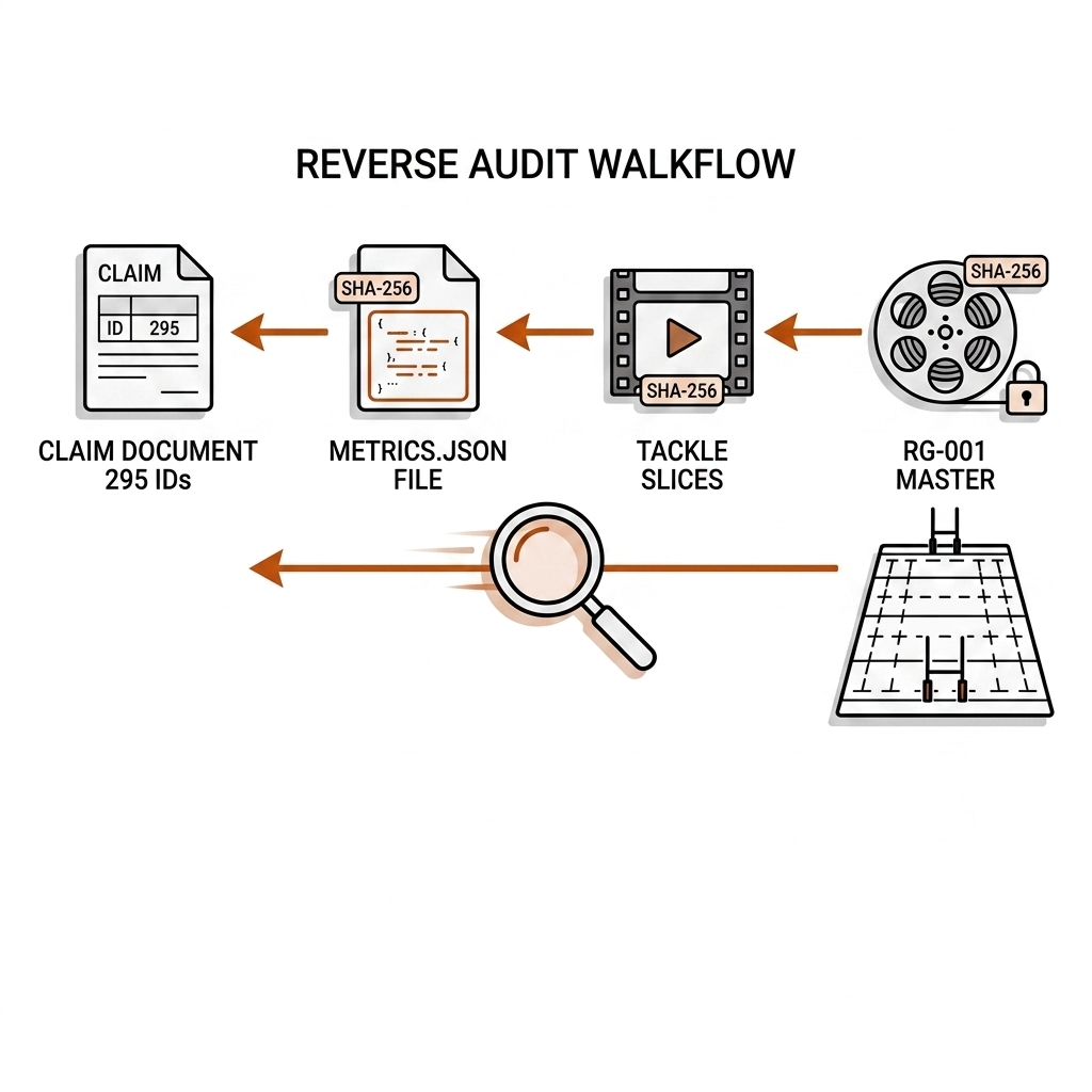 A reverse audit walk of four nodes joined by arrows pointing left: a claim document labeled 295 IDs, a metrics.json with a SHA-256 tag, a film-clip icon labeled tackle slices with a SHA-256 tag, and a film reel labeled RG-001 master with a padlock and SHA-256 tag. A rugby pitch icon sits under the reel; a magnifying glass moves along the arrows. White background, black linework, burnt-orange accents.