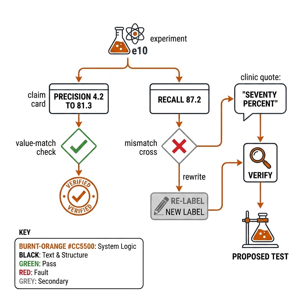 A decision flow: one experiment icon labeled e10 feeds two claim cards. The first card, precision 4.2 to 81.3, flows through a value-match check to an orange VERIFIED stamp. The second card, recall 87.2, hits a mismatch cross and flows to a grey RE-LABEL stamp with a rewrite arrow. A side path shows a clinic quote bubble labeled seventy percent routed to a VERIFY tag and a proposed test flask. White background, black linework, burnt-orange accents.