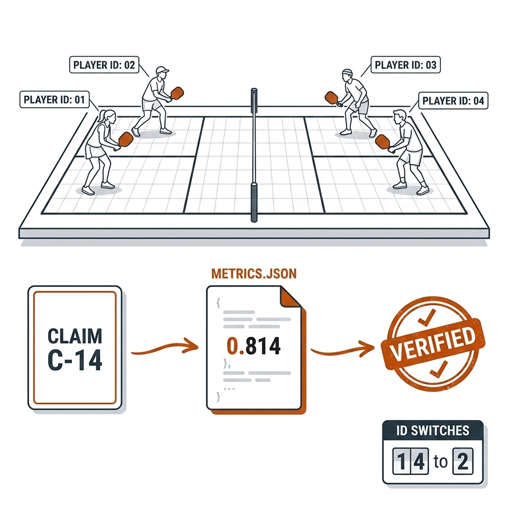 Pickleball court seen from the side line with four tracked players, each with a stable ID tag. An arrow flows from a claim card labeled C-14 to a metrics.json document showing 0.814, to an orange VERIFIED stamp. A small counter shows ID switches 14 to 2. White background, black linework, burnt-orange accents.