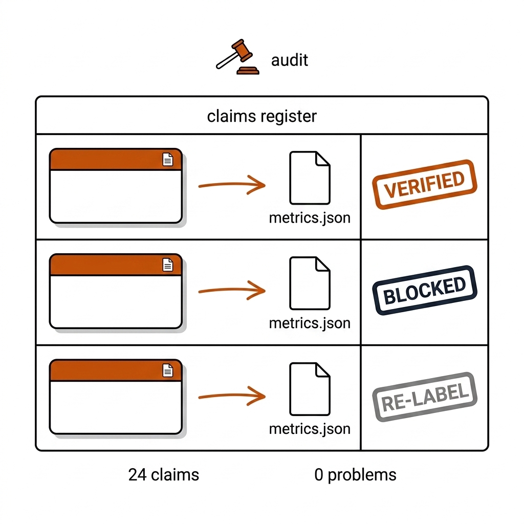 Claims register drawn as a three-row ledger: each row is a claim card, an arrow to a metrics.json artifact icon, and a verdict stamp reading VERIFIED, BLOCKED, or RE-LABEL. A gavel icon labeled audit above; 24 claims and 0 problems below. White background, black linework, burnt-orange accents.