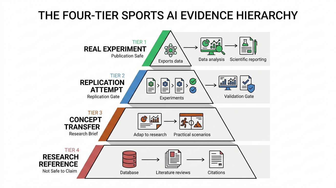 The Four-Tier Sports AI Evidence Hierarchy pyramid: Tier 1 Real Experiment, Tier 2 Replication, Tier 3 Concept Transfer, Tier 4 Reference. Recreate in book style: white background, black pyramid, burnt-orange tier labels.