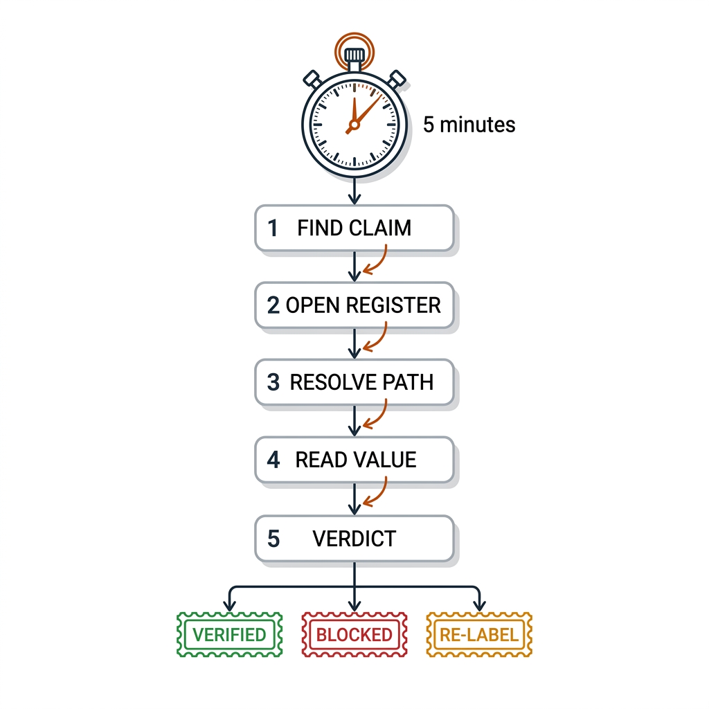 Vertical five-step flowchart with a stopwatch icon labeled 5 minutes at top: find claim, open register, resolve path, read value, verdict. The last box splits into three stamps: VERIFIED, BLOCKED, RE-LABEL. White background, black linework, burnt-orange accents.