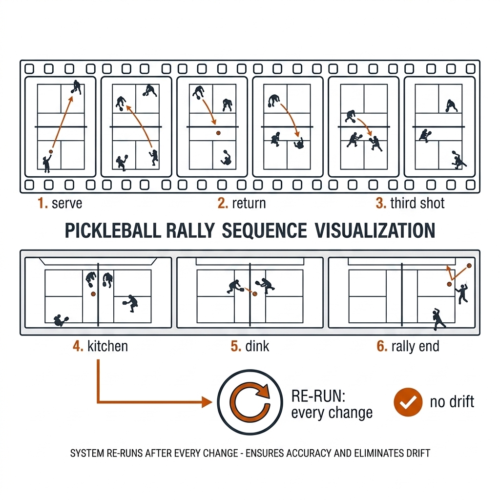 A film strip of six frames showing a pickleball rally from above: serve, return, third shot, kitchen, dink, rally end, with small player and ball silhouettes. Below, a circular re-run arrow labeled every change and an orange checkmark badge labeled no drift.