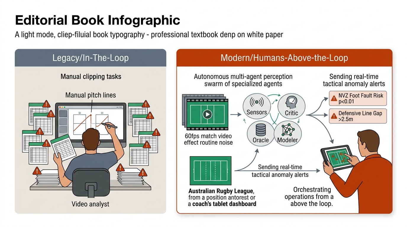 Humans above the loop: autonomous multi-agent perception swarm feeding a real-time tactical anomaly HUD (p < 0.05) to coaches, vs the legacy manual clipping bottleneck.