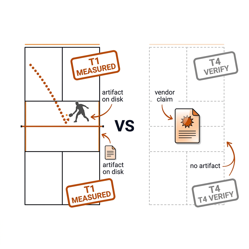 Split diagram: left, a pickleball court with a volleying player, metrics.json document and an orange T1 MEASURED stamp; right, a faded dashed court with a glossy flyer and a grey T4 verify stamp. White background, black linework, burnt-orange accents.
