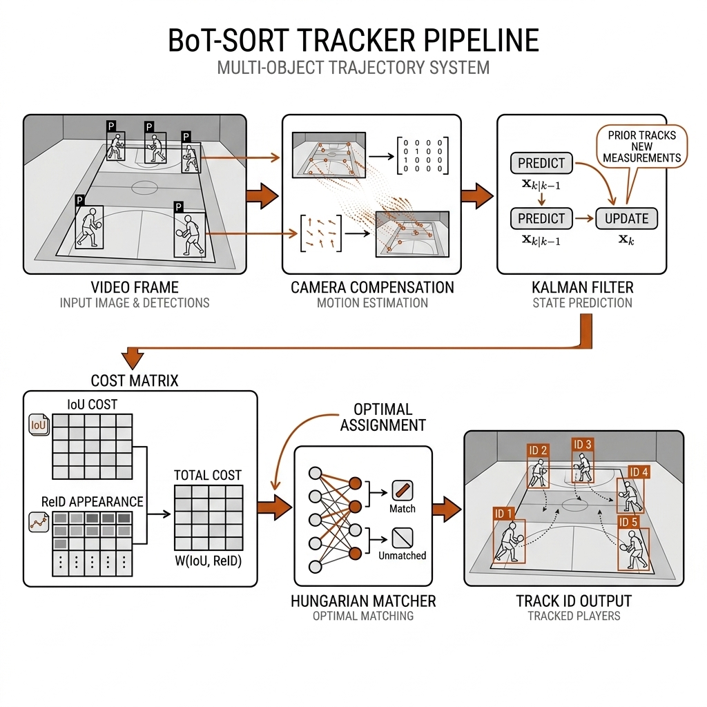 BoT-SORT pipeline left to right: detections from a pickleball frame, camera motion compensation, Kalman prediction, cost matrix fusing IoU and ReID appearance, Hungarian matcher, output track IDs over boxes. White background, black linework, burnt-orange data-flow arrows.