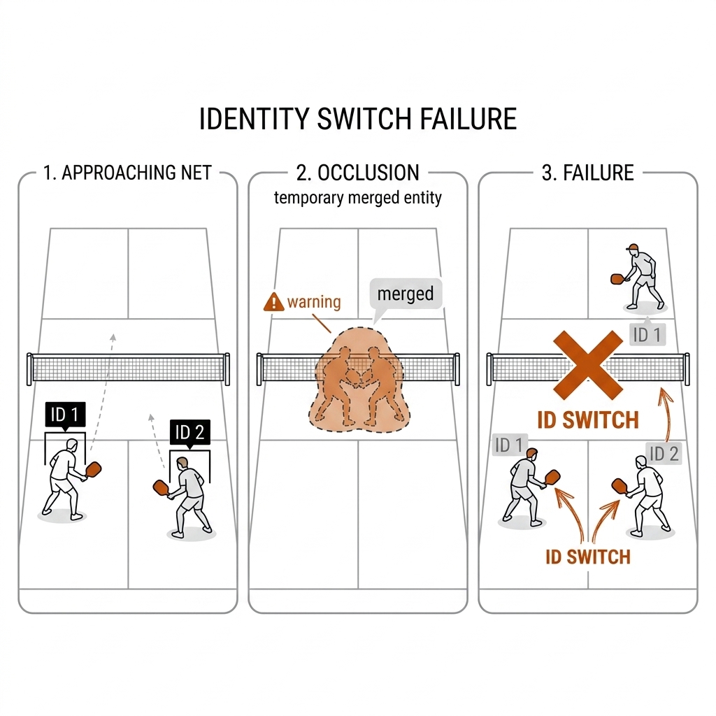 Three panels: two pickleball players labeled ID 1 and ID 2 approach the net; they overlap in occlusion as one dashed blob; the labels emerge swapped with a burnt-orange X and the words ID switch. White background, black linework.