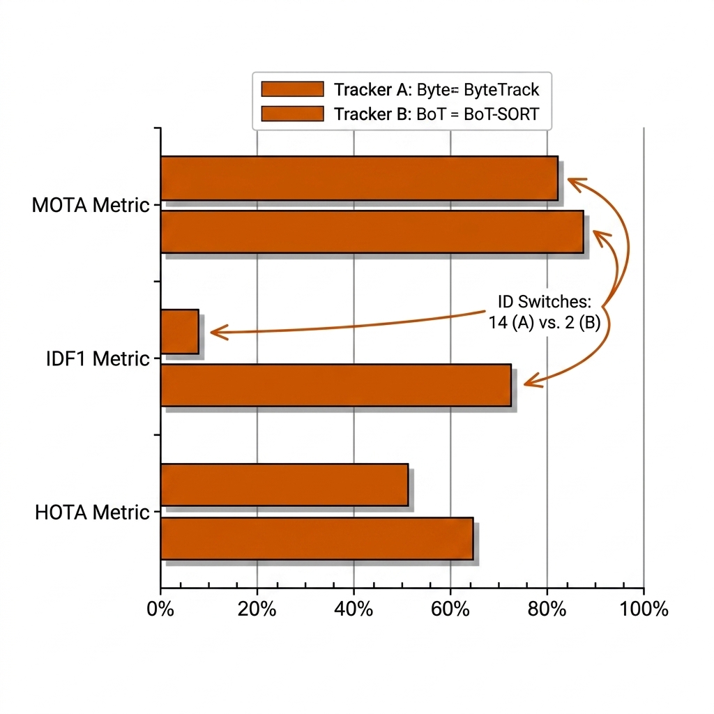 Grouped horizontal bar chart comparing MOTA, IDF1, HOTA for ByteTrack vs BoT-SORT on the same pickleball clip: ByteTrack high MOTA, low IDF1, mid HOTA; BoT-SORT higher across the board; annotation of ID switches 14 vs 2. White background, black axes, burnt-orange bars.