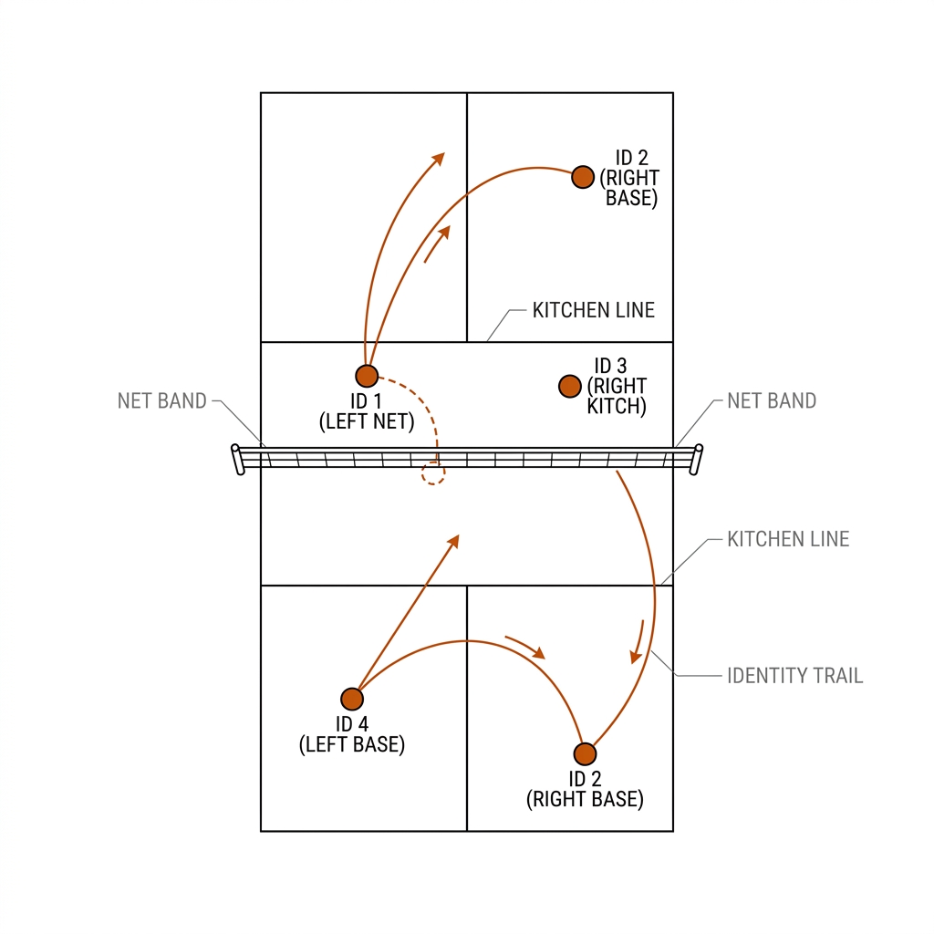 Overhead pickleball doubles court, four player tokens with identity trails labeled ID 1-4, one player at the net partially occluded behind the net band in dashed outline. White background, black linework, burnt-orange trails.