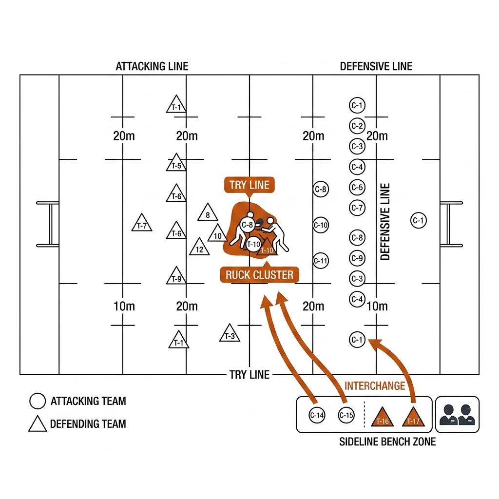 Overhead rugby league pitch, two teams of thirteen as circles and triangles along a defensive line, a crowded tackle ruck highlighted burnt-orange, sideline bench with four substitutes and interchange arrows onto the field, jersey numbers 1-17 on a few players. White background, black linework.