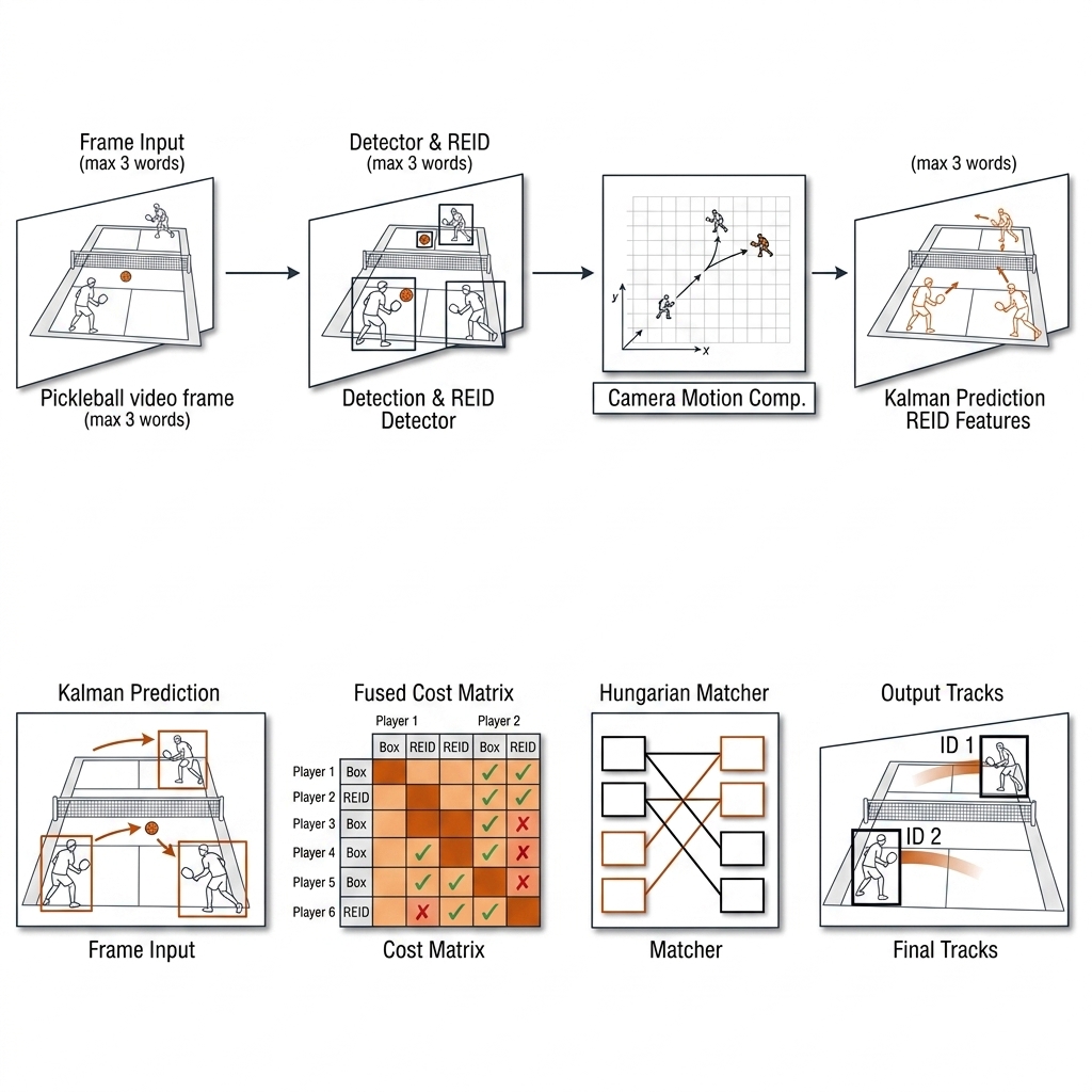 BoT-SORT pipeline on a pickleball rally: detections, camera motion compensation, Kalman prediction, fused cost matrix, Hungarian matcher, output IDs with trails. White background, black linework, burnt-orange accents.