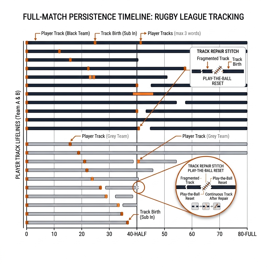 Full-match timeline of 26 player track lifelines over 80 minutes with track births at substitutions and repair stitches at play-the-ball resets. White background, black linework, burnt-orange accents.