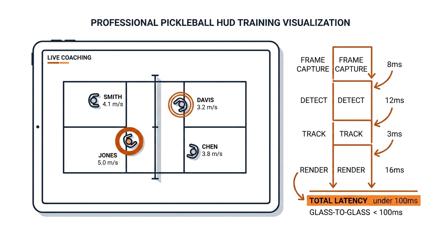 Sideline tablet HUD showing overhead pickleball court with named player tokens, speed readouts, alert ring at the kitchen line, and a latency ladder totaling under 100ms. White background, black linework, burnt-orange accents.