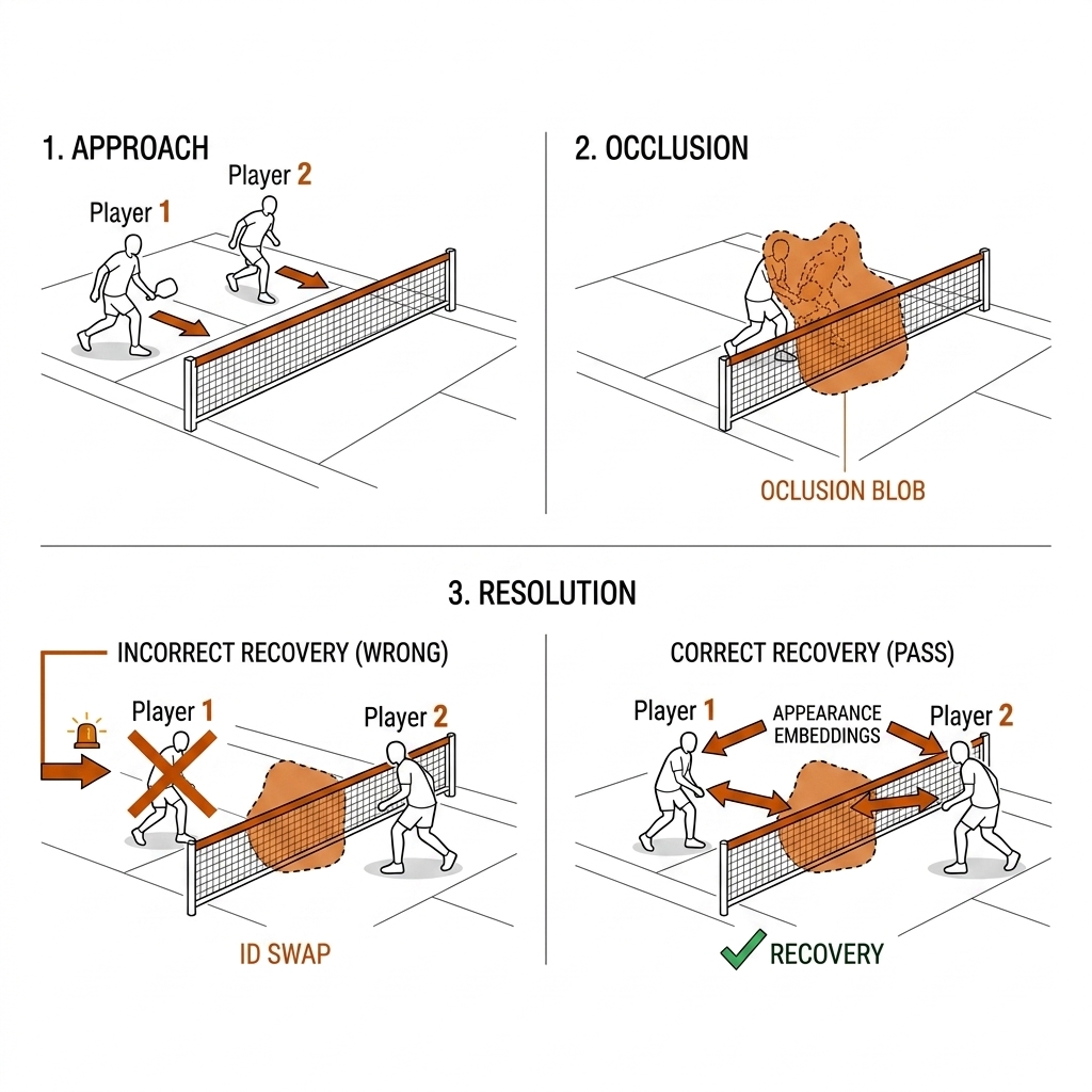 Three-panel ID-switch sequence at a pickleball net: approach, occlusion blob, wrong swap crossed out versus correct ReID recovery. White background, black linework, burnt-orange accents.