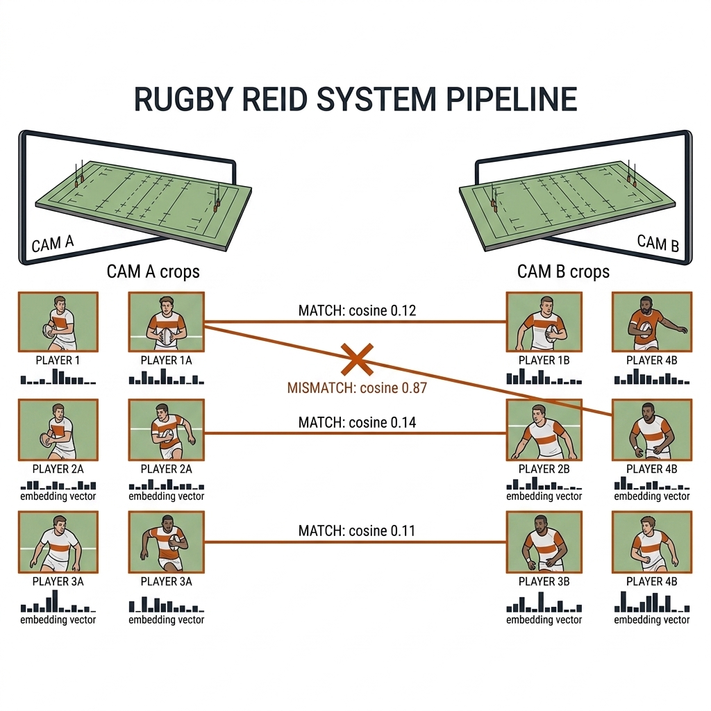 Two camera views of a rugby pitch with player crops, embedding bars, accepted cross-view matches in burnt-orange and a rejected match crossed out. White background, black linework.