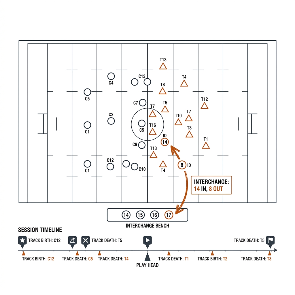 Overhead rugby league pitch with 26 tracked players, interchange bench with substitution arrow, timeline showing track birth and death events. White background, black linework, burnt-orange accents.