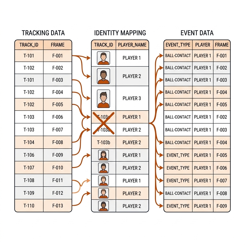 Three-table join diagram: track table, identity table, event table linked by burnt-orange join arrows into one spine, fragmented track splitting into two rows crossed out. White background, black linework.