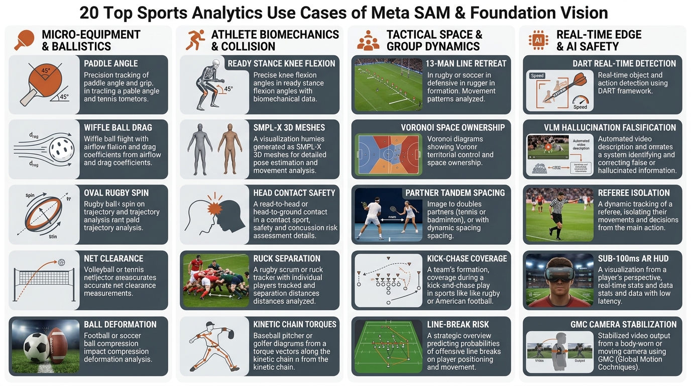 Master visual matrix of the 20 sports analytics use cases across four quadrants.
