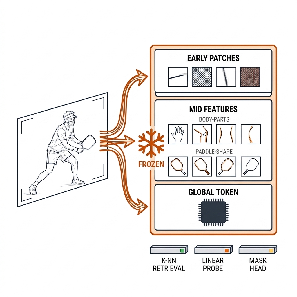 DINOv3 feature hierarchy: a pickleball frame feeding three stacked layers labeled early patches, mid features, global token; three small heads below labeled k-NN retrieval, linear probe, mask head; a frozen marker on the stack. Recreate: white background, black linework, burnt-orange accents.