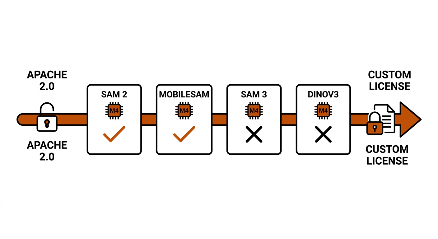 License spectrum from Apache 2.0 with open padlock on the left to custom license with closed padlock on the right; four cards for SAM 2, MobileSAM, SAM 3, and DINOv3 positioned along it, each with an M4 chip icon carrying a check or cross. Recreate: white background, black linework, burnt-orange accents.
