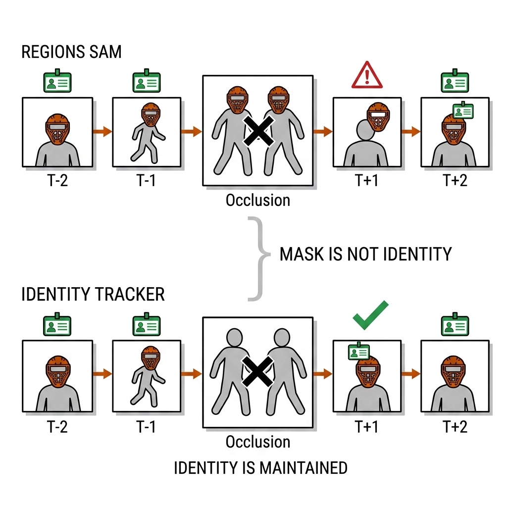 Two-lane diagram: upper lane shows a mask propagating across five frames then re-attaching to a wrong identical player at an occlusion, ID badge unchanged, warning triangle; lower lane shows the tracker correctly returning the ID to the original player, check mark. Bracket label: mask is not identity. Recreate: white background, black linework, burnt-orange accents.