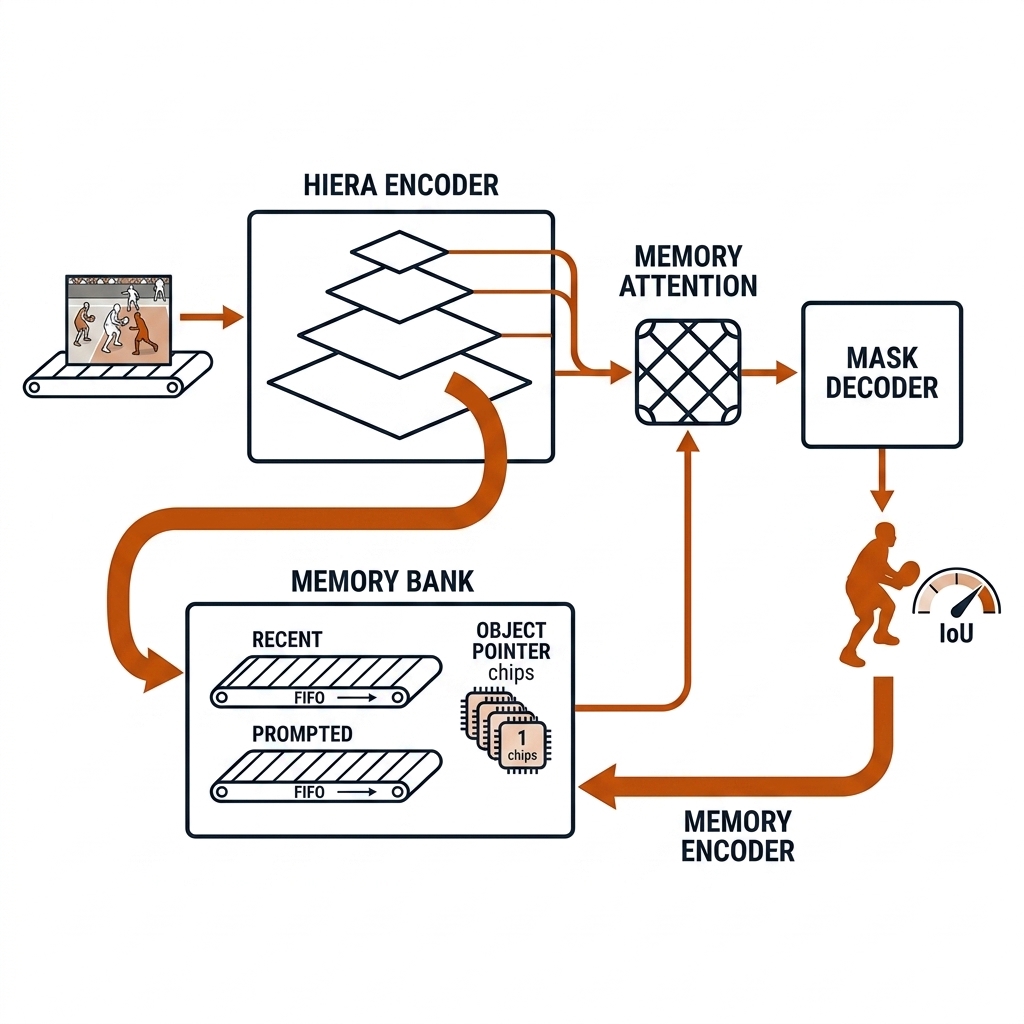 SAM 2 streaming pipeline: frame into Hiera encoder pyramid; memory bank with two FIFO queues labeled recent and prompted plus object pointer chips; memory attention lattice node; mask decoder emitting a mask with an IoU gauge; memory encoder feedback arrow returning the mask to the bank. Recreate: white background, black linework, burnt-orange accents.