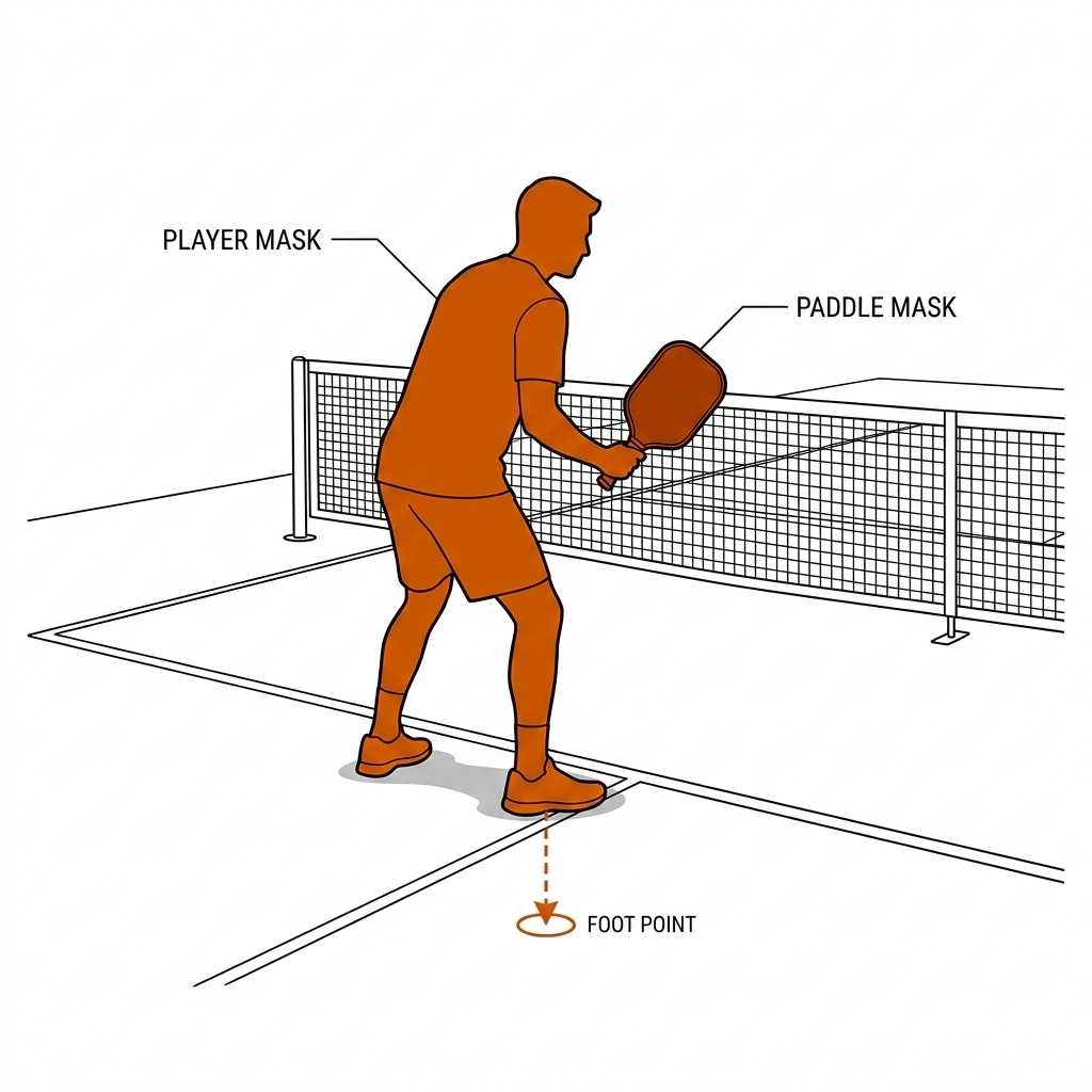 Pickleball court diagram with a player at the kitchen line: burnt-orange segmentation mask over the player silhouette, a second mask over the paddle blade, and a dashed arrow from the mask bottom to a circled foot point on the court. Recreate: white background, black court linework, burnt-orange masks.