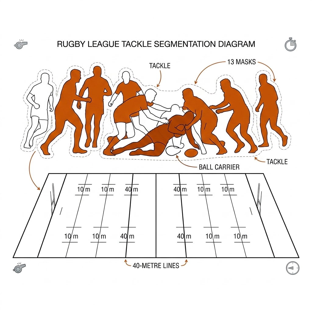 Rugby league pitch diagram of a tackle scene: burnt-orange segmentation masks over thirteen outlined players and the oval ball, the ball carrier's mask darker. Recreate: white background, black pitch linework, burnt-orange masks.