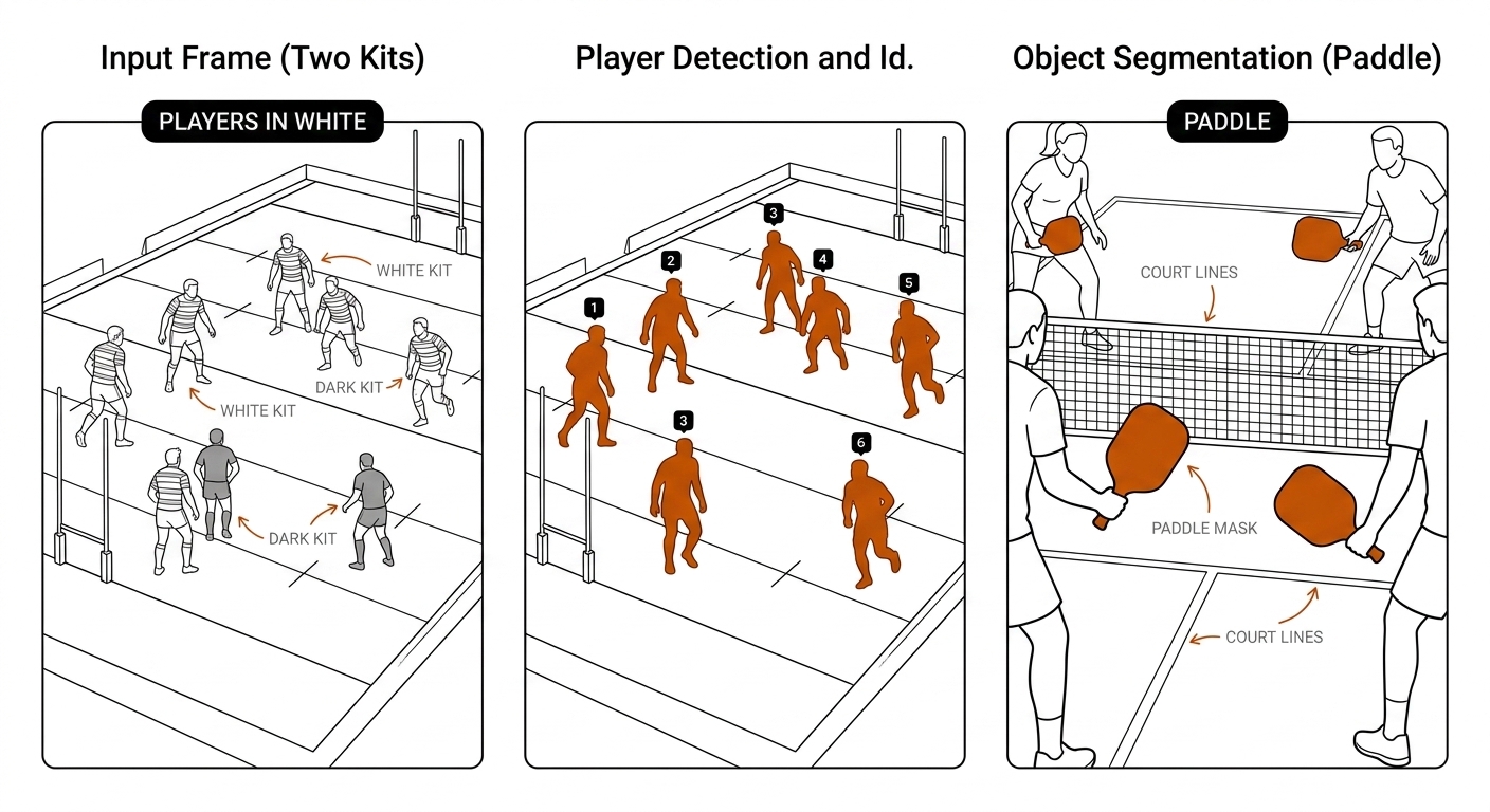 Three-panel concept segmentation: rugby frame with text chip players in white; same frame with only white-kit players masked and ID badges; pickleball frame with chip paddle and both paddles masked. Recreate: white background, black linework, burnt-orange masks.