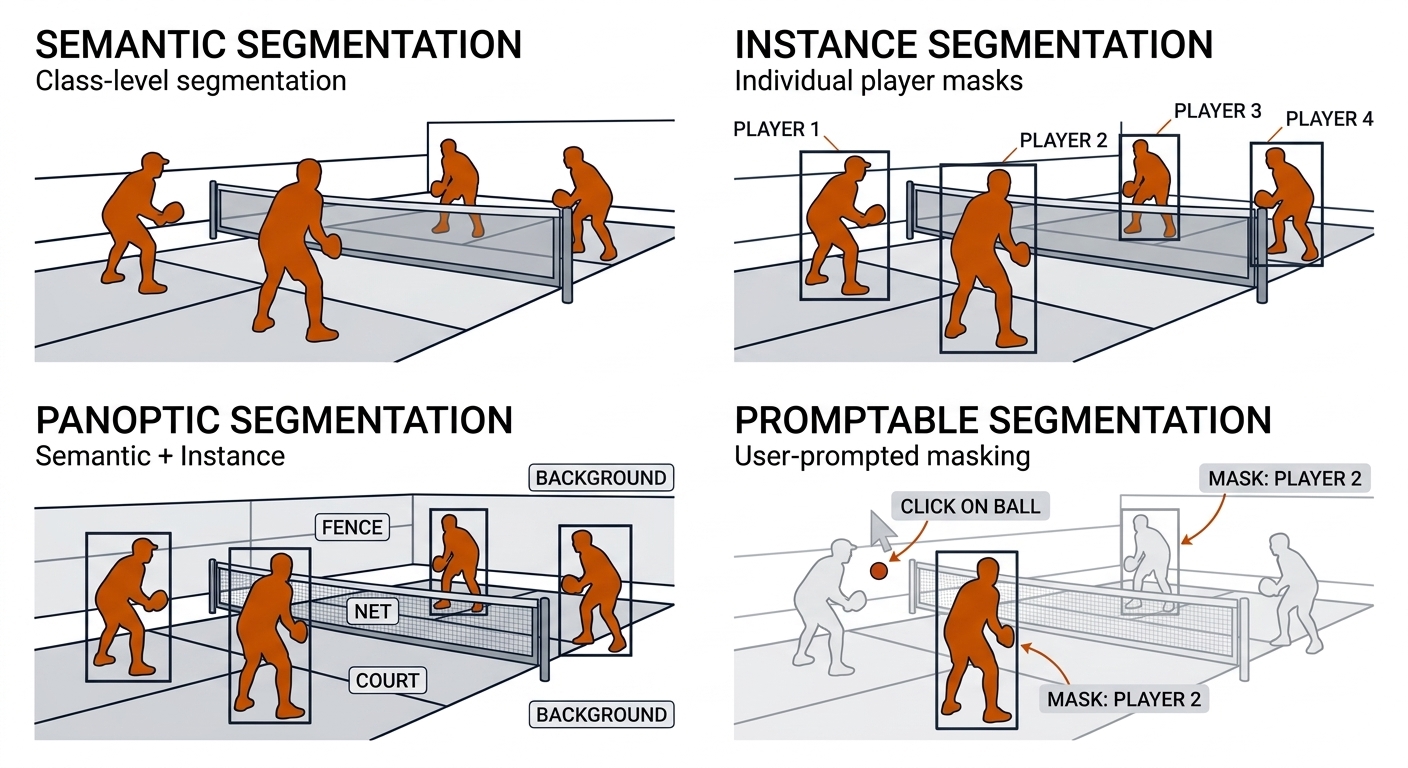 The same pickleball kitchen scene rendered four ways: semantic (players merged in one blob), instance (per-player masks with boxes), panoptic (players instanced plus court, net, fence labeled), promptable (only the clicked ball and prompted player masked). Recreate: white background, black linework, burnt-orange masks.