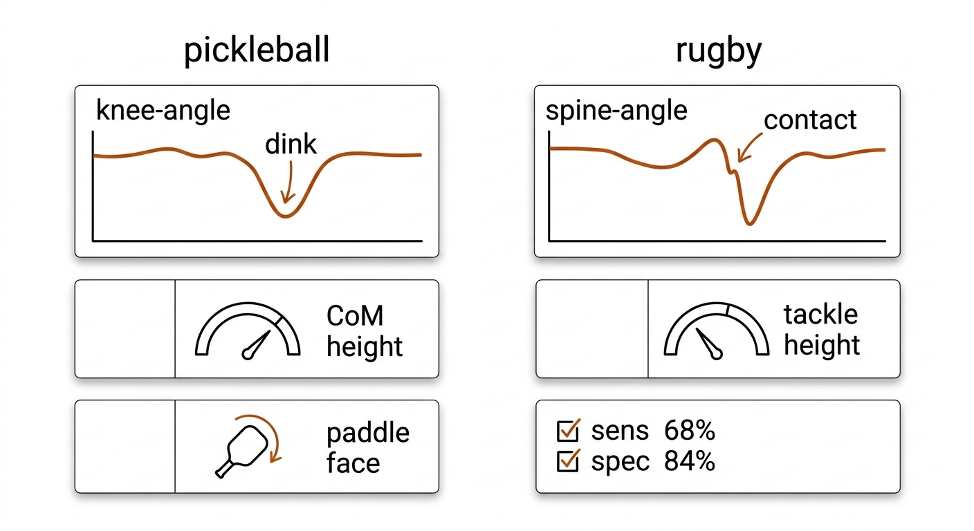 Dual-sport biomechanics dashboard: pickleball column with knee-angle waveform dipping at dink contact, CoM height gauge, paddle-face arc; rugby column with spine-angle deceleration notch at contact, tackle-height gauge, sensitivity 68 percent and specificity 84 percent ticks.