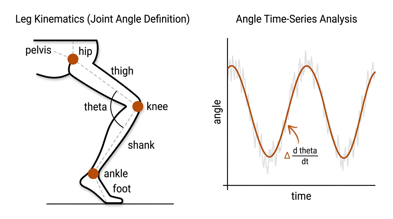 Joint angle calculation: leg stick figure with hip, knee, ankle dots and theta arc at the knee; adjacent chart of angle over time with d-theta/dt slope annotation and noisy raw trace behind smoothed curve.